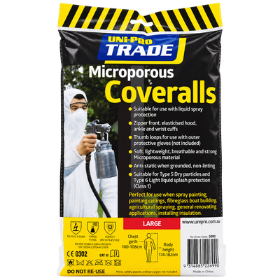 UNI PRO Microporous Coveralls with breathable hooded protective suit for spray painting, waterproofing, construction, insulation, agricultural spraying and general industrial applications.