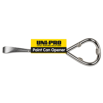 Uni-Pro paint can opener with a durable metal blade and bottle opener handle for easily opening paint cans without damaging the lid.